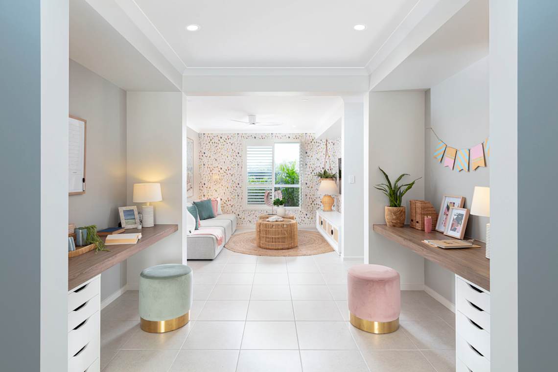 River 30 home design study nook. Coastal design style. Four bedroom.