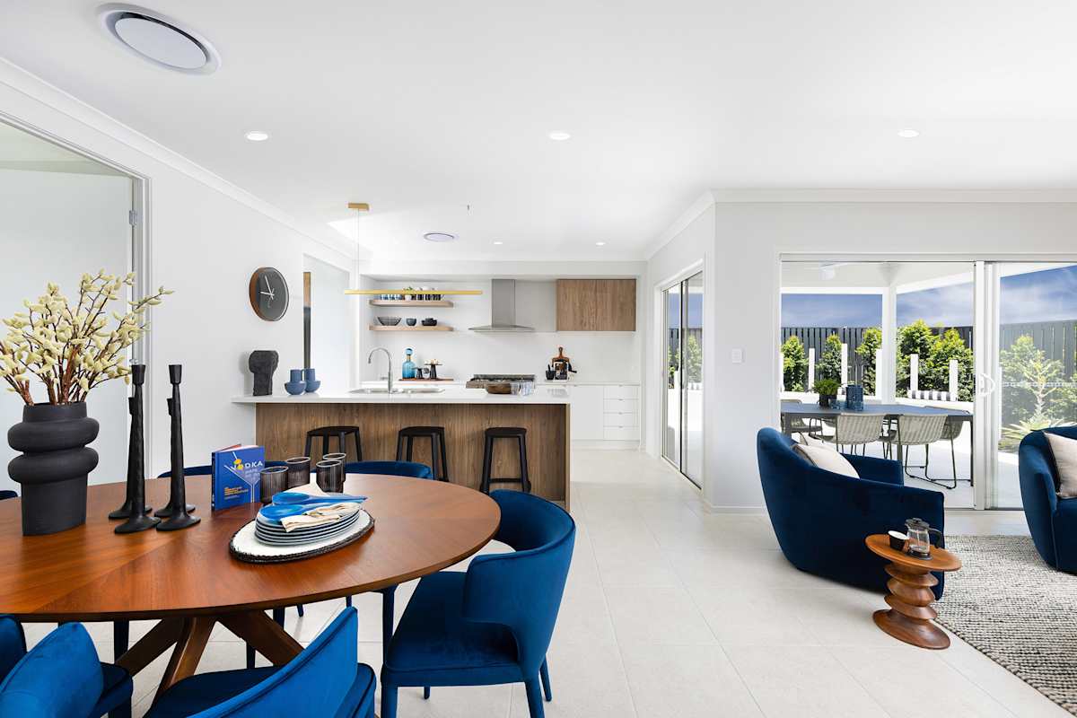 Breeze 22 Home Design on display at Lilywood Landings. Living, Dining, Kitchen