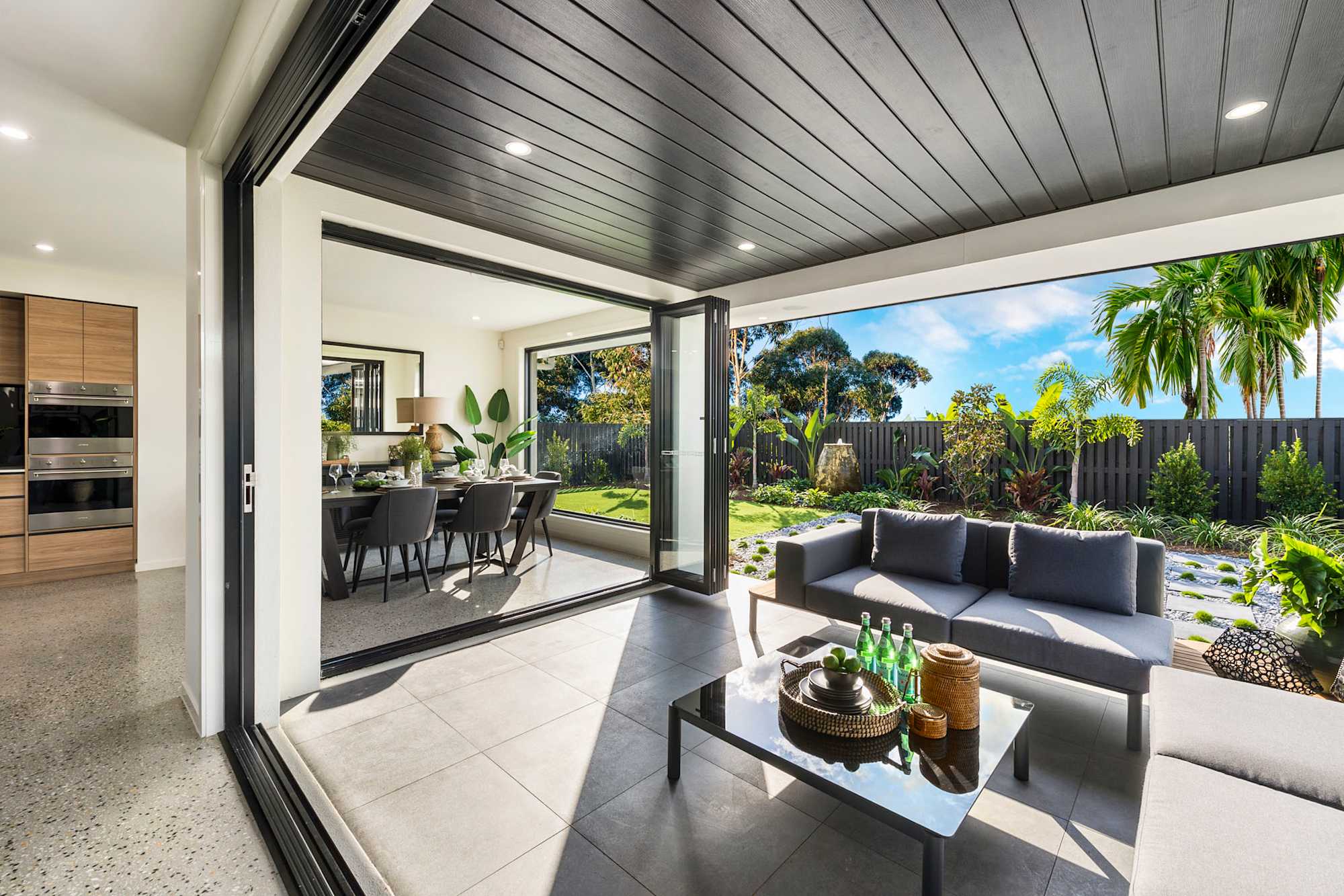 Aurora 40 home design outdoor living. Urban design style. Corner block house design.