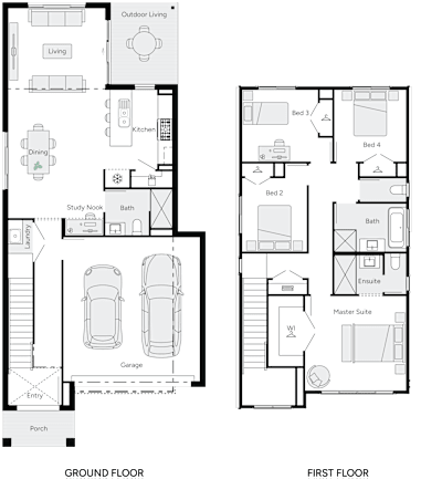 Aster by brightonhomes.net.au, 4 bedroom 3 bathroom 2 car 2 storey passive solar house plan, 8.5m x 18.5m, QLD - Plan