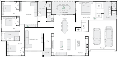 Avery by brightonhomes.net.au, 4 bedroom 2 bathroom 2 car single storey passive solar house plan, 24.1m x 11.6m, QLD - Plan
