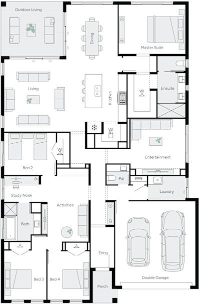 San Marino 31 by brightonhomes.net.au, 4 bedroom 2 bathroom 2 car single storey passive solar house plan, 14m x 21.4m, QLD - Plan