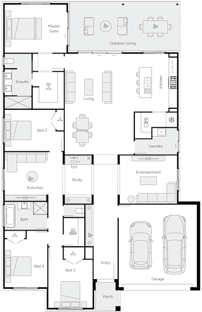 River 30 by brightonhomes.net.au, 4 bedroom 2 bathroom 2 car single storey passive solar house plan, 14.5m x 22.5m, QLD - Plan