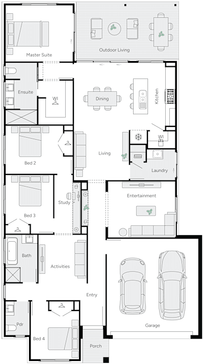River 27 by brightonhomes.net.au, 4 bedroom 2 bathroom 2 car single storey passive solar house plan, 12.5m x 22.5m, QLD - Plan