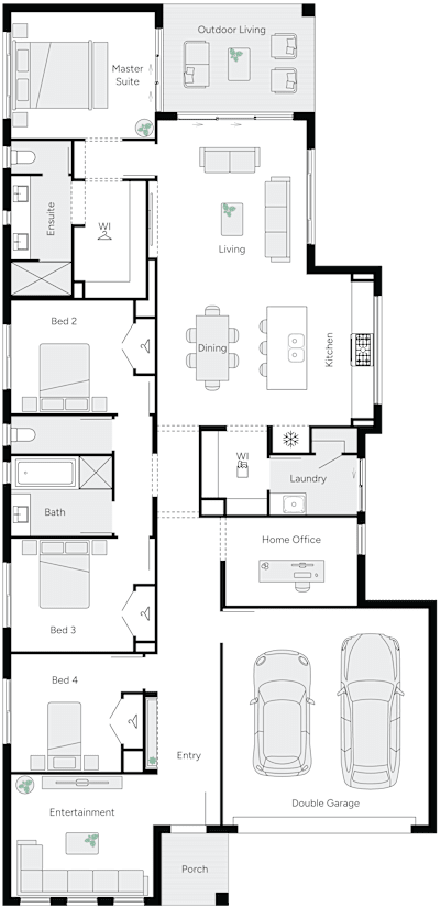 Harri by brightonhomes.net.au, 4 bedroom 2 bathroom 2 car single storey passive solar house plan, 12m x 25m, QLD - Plan