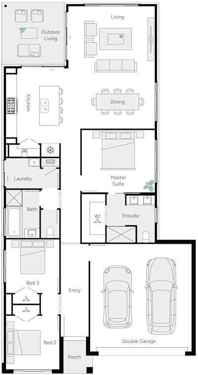 Promise by brightonhomes.net.au, 3 bedroom 2 bathroom 2 car single storey passive solar house plan, 10.9m x 20.8m, QLD - Plan