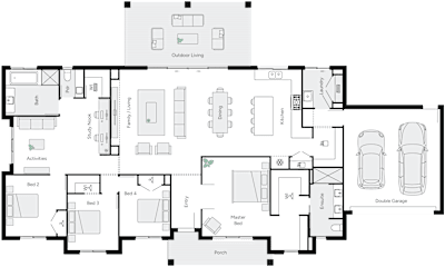Hunter 31 by brightonhomes.net.au, 4 bedroom 2 bathroom 2 car single storey passive solar house plan, 26.2m x 15.6m, QLD - Plan
