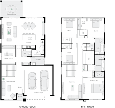 Preston 35 by brightonhomes.net.au, 4 bedroom 2 bathroom 2 car 2 storey passive solar house plan, 11m x 20.7m, QLD - Plan