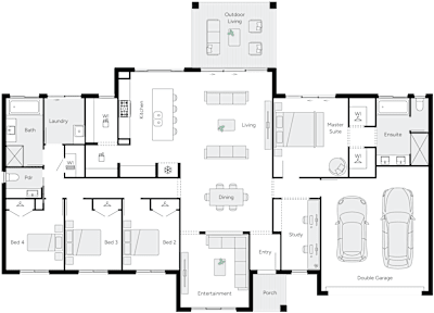 Lyndhurst by brightonhomes.net.au, 4 bedroom 2 bathroom 2 car single storey passive solar house plan, 23m x 16.5m, QLD - Plan