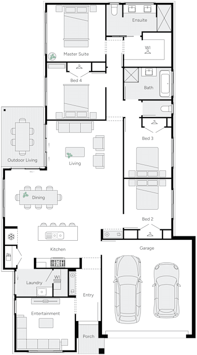 Marina by brightonhomes.net.au, 4 bedroom 2 bathroom 2 car single storey passive solar house plan, 12.3m x 22.4m, QLD - Plan