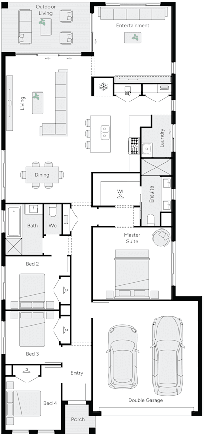 Melody 25 by brightonhomes.net.au, 4 bedroom 2 bathroom 2 car single storey passive solar house plan, 11m x 23.5m, QLD - Plan