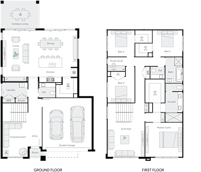 Preston by brightonhomes.net.au, 4 bedroom 3 bathroom 2 car 2 storey passive solar house plan, 11m x 18.7m, QLD - Plan