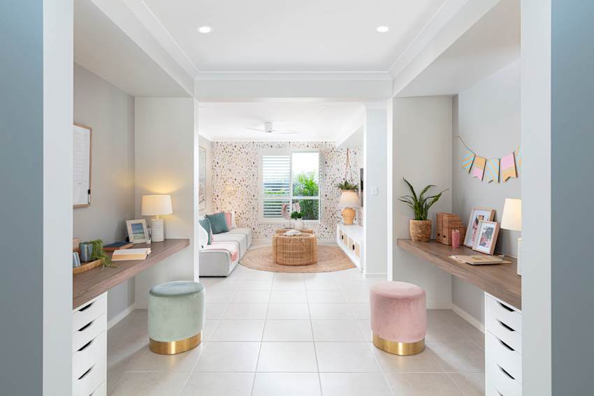 River 30 home design study nook. Coastal design style. Four bedroom.