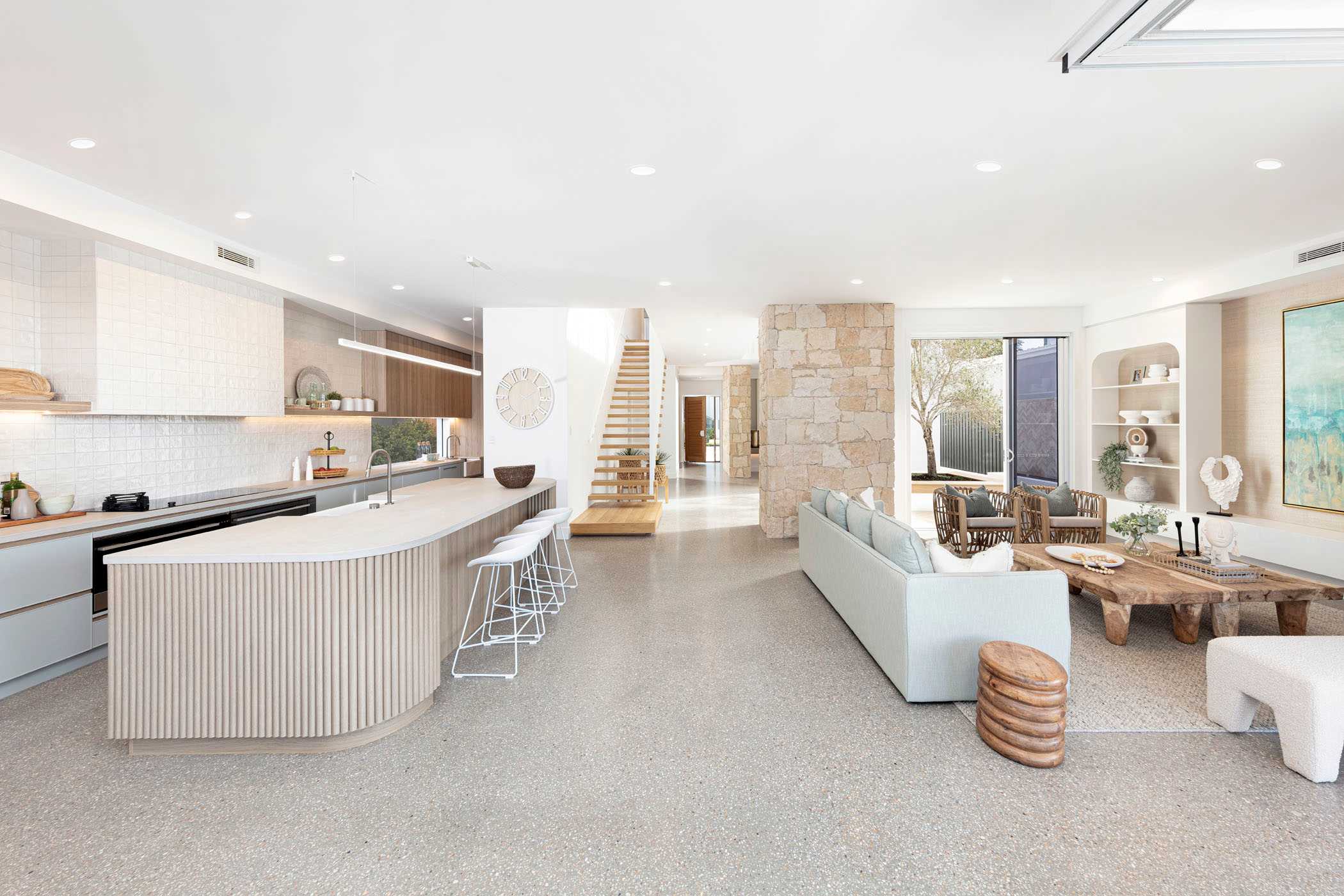 BLK49C house design living room. Coastal design style. Corner block design.